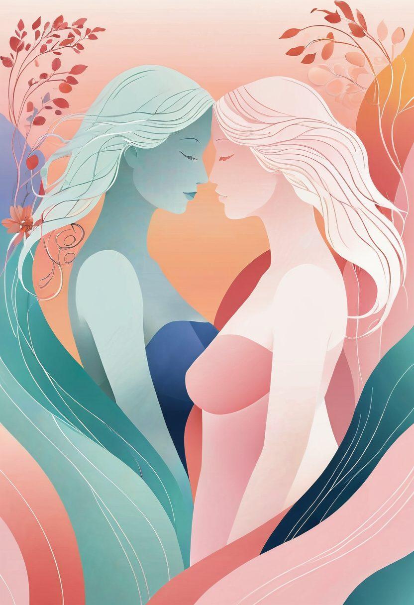 A tasteful and artistic representation of intimacy, featuring two curvy silhouettes intertwined against a backdrop of soft pastel colors. Include subtle, abstract elements suggesting movement and connection, such as flowing lines or gentle waves. The scene should evoke warmth and comfort, with hints of floral patterns to symbolize growth and beauty. Aim for a modern and sophisticated aesthetic to reflect the adult entertainment landscape. 3D illustration. vibrant colors. soft focus.