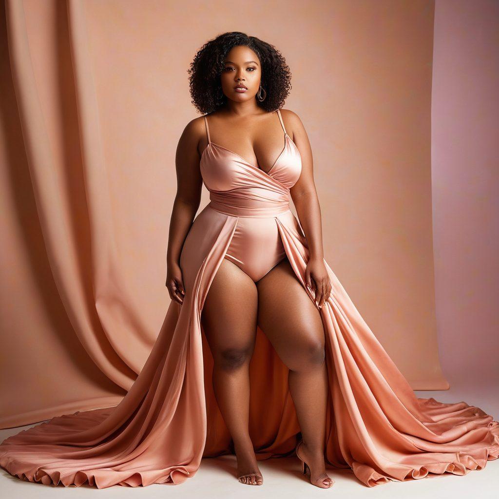 A captivating scene featuring a confident curvy model posing elegantly in a soft, dim-lit studio, surrounded by artistic adult photography lighting. Her expression embodies allure and empowerment, with sensual poses that celebrate body positivity. Delicate draping fabrics and playful shadows enhance the atmosphere, emphasizing her curves in a tasteful, artistic manner. Warm, inviting colors create an intimate ambiance, inviting the viewer to explore beauty in diversity. super-realistic. soft lighting. vibrant colors.